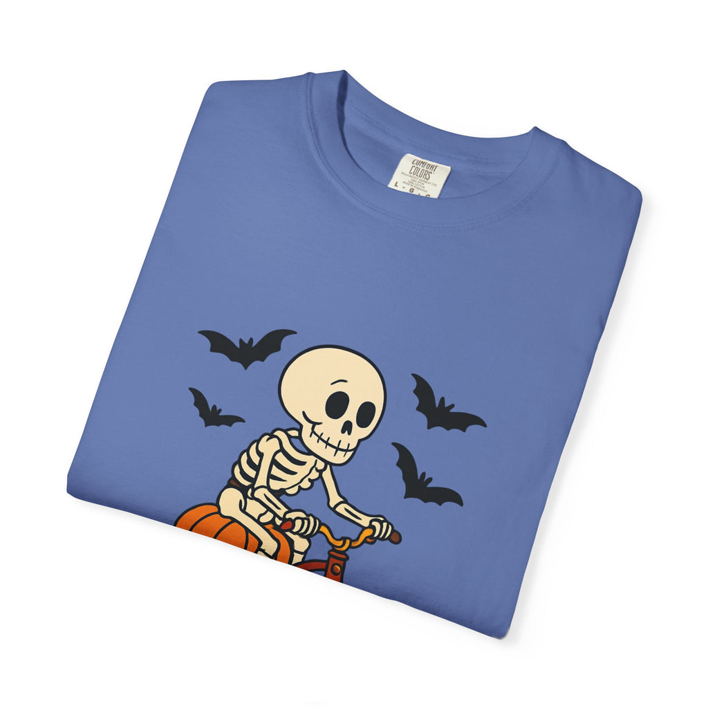 Skeleton Cycling T-shirt, Halloween Tee, Pumpkin Graphic Shirt, Unisex Fall Apparel, Cute Dog and Skeleton Design