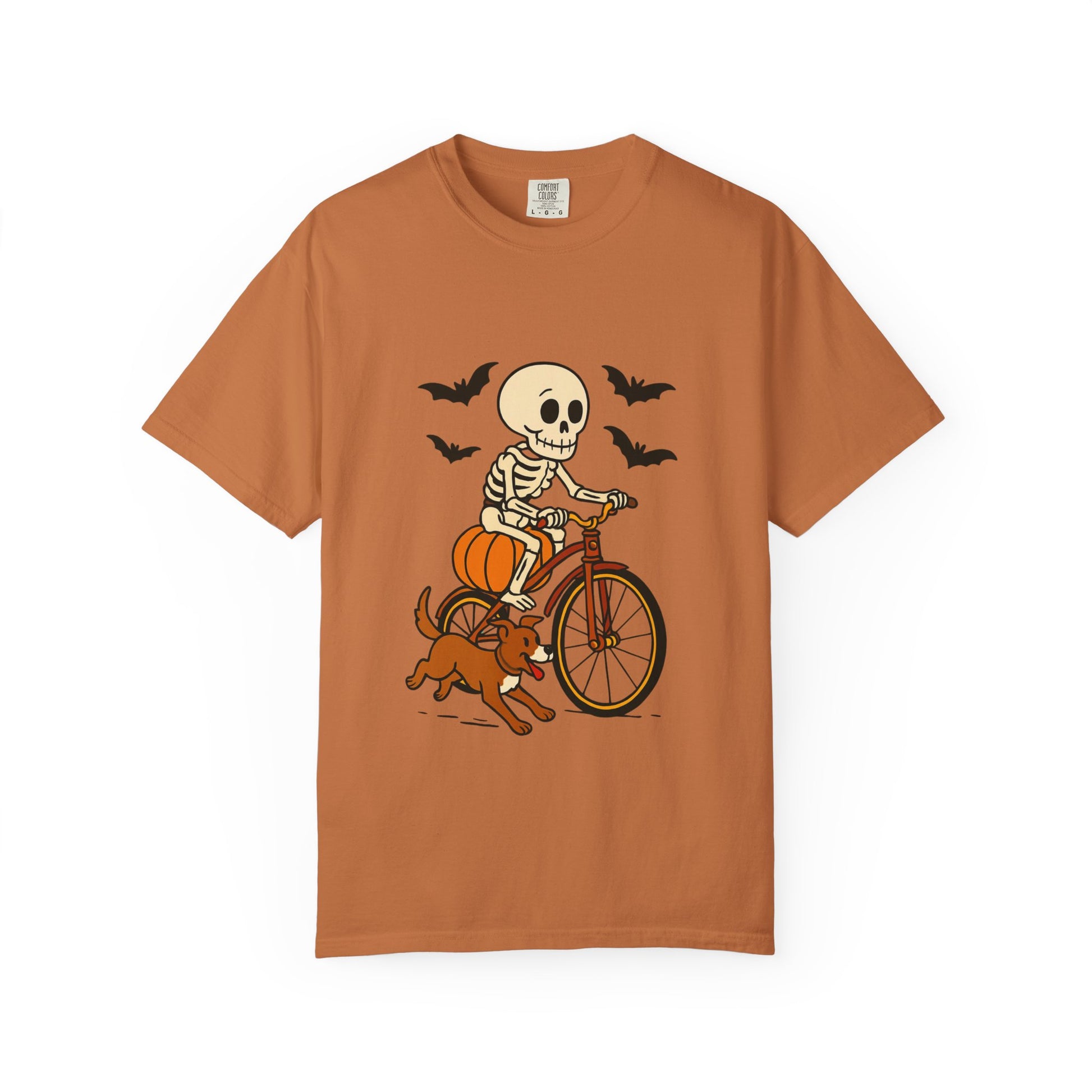 Skeleton Cycling T-shirt, Halloween Tee, Pumpkin Graphic Shirt, Unisex Fall Apparel, Cute Dog and Skeleton Design
