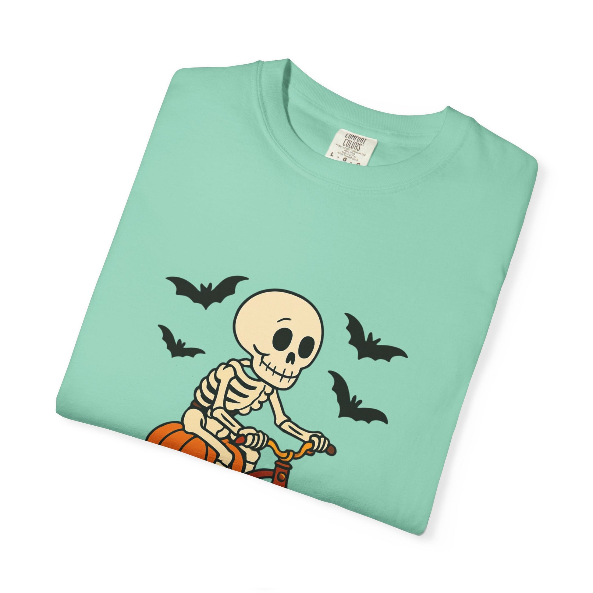 Skeleton Cycling T-shirt, Halloween Tee, Pumpkin Graphic Shirt, Unisex Fall Apparel, Cute Dog and Skeleton Design