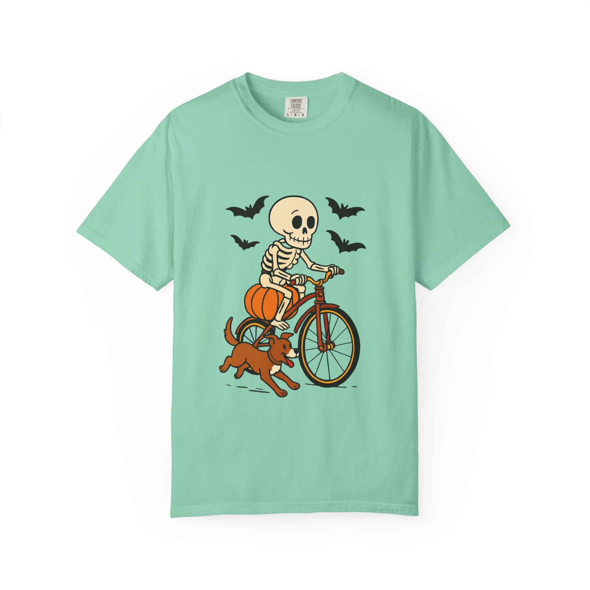 Skeleton Cycling T-shirt, Halloween Tee, Pumpkin Graphic Shirt, Unisex Fall Apparel, Cute Dog and Skeleton Design