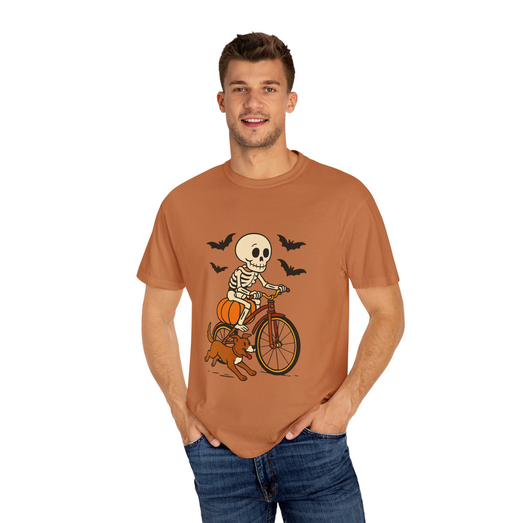 Skeleton Cycling T-shirt, Halloween Tee, Pumpkin Graphic Shirt, Unisex Fall Apparel, Cute Dog and Skeleton Design