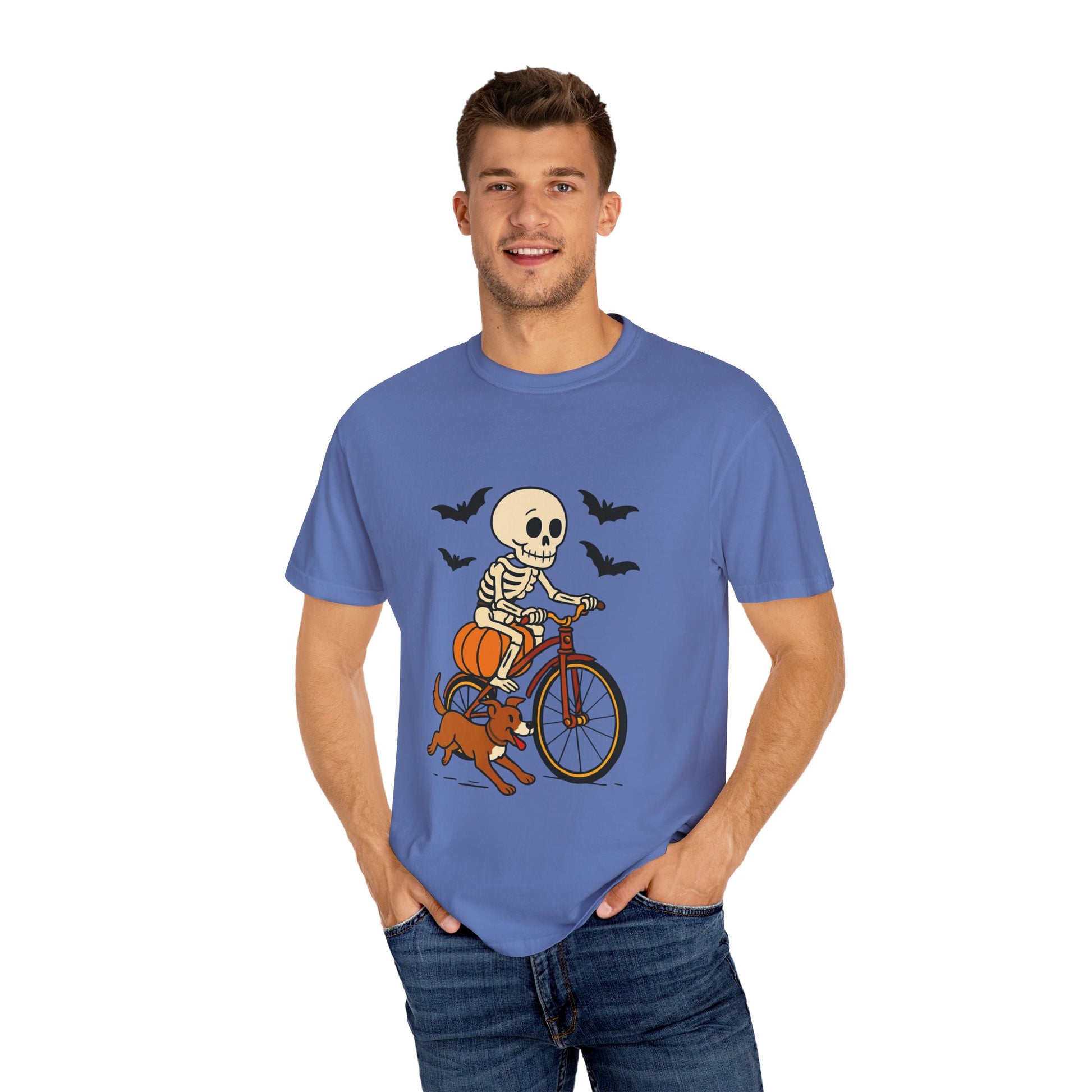 Skeleton Cycling T-shirt, Halloween Tee, Pumpkin Graphic Shirt, Unisex Fall Apparel, Cute Dog and Skeleton Design