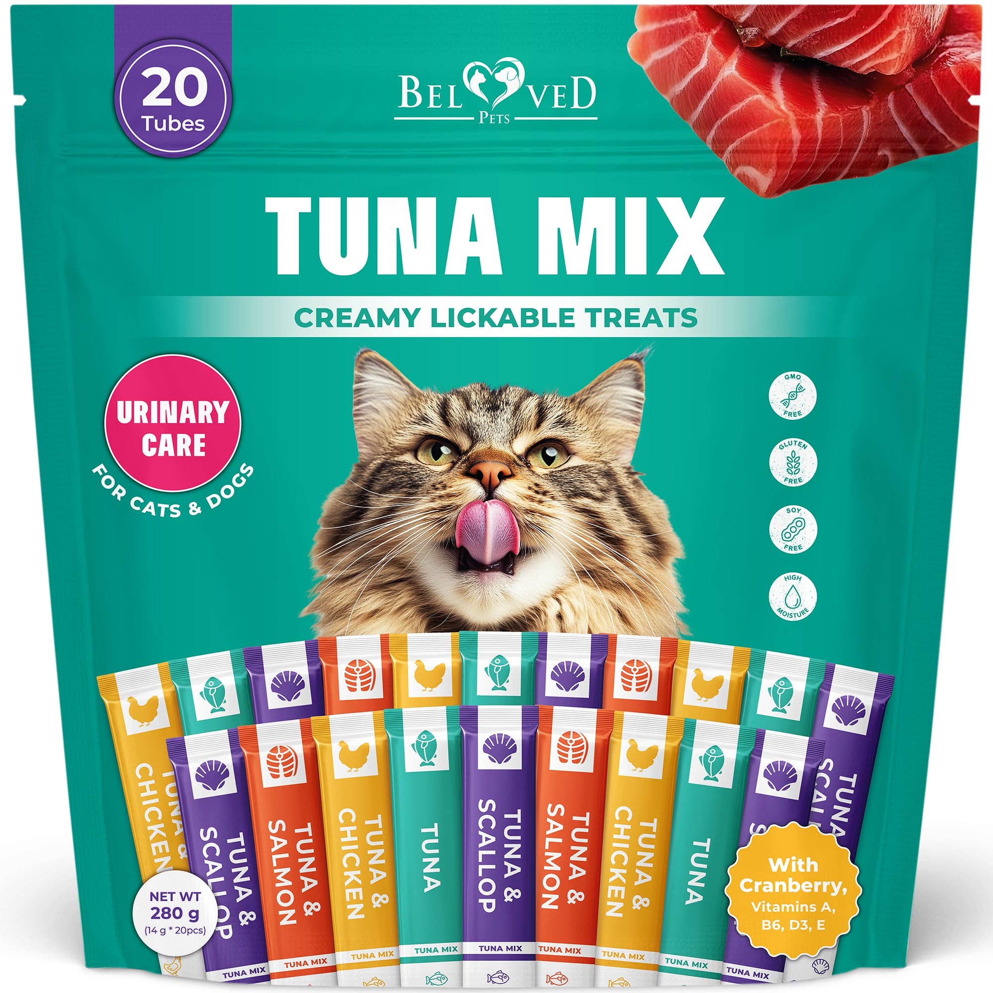 Beloved Pets Creamy Lickable Cat Treats & Wet Squeeze Tubes – Tuna Mix, Liquid Cat Snacks, Urinary Care, Multivitamin Treats for Cats & Small Dogs, Lick Up (10 Ounce (Pack of 1), Tuna Mix 20 Sticks)