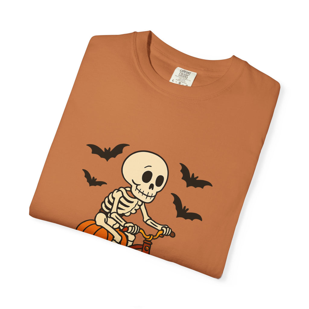 Skeleton Cycling T-shirt, Halloween Tee, Pumpkin Graphic Shirt, Unisex Fall Apparel, Cute Dog and Skeleton Design