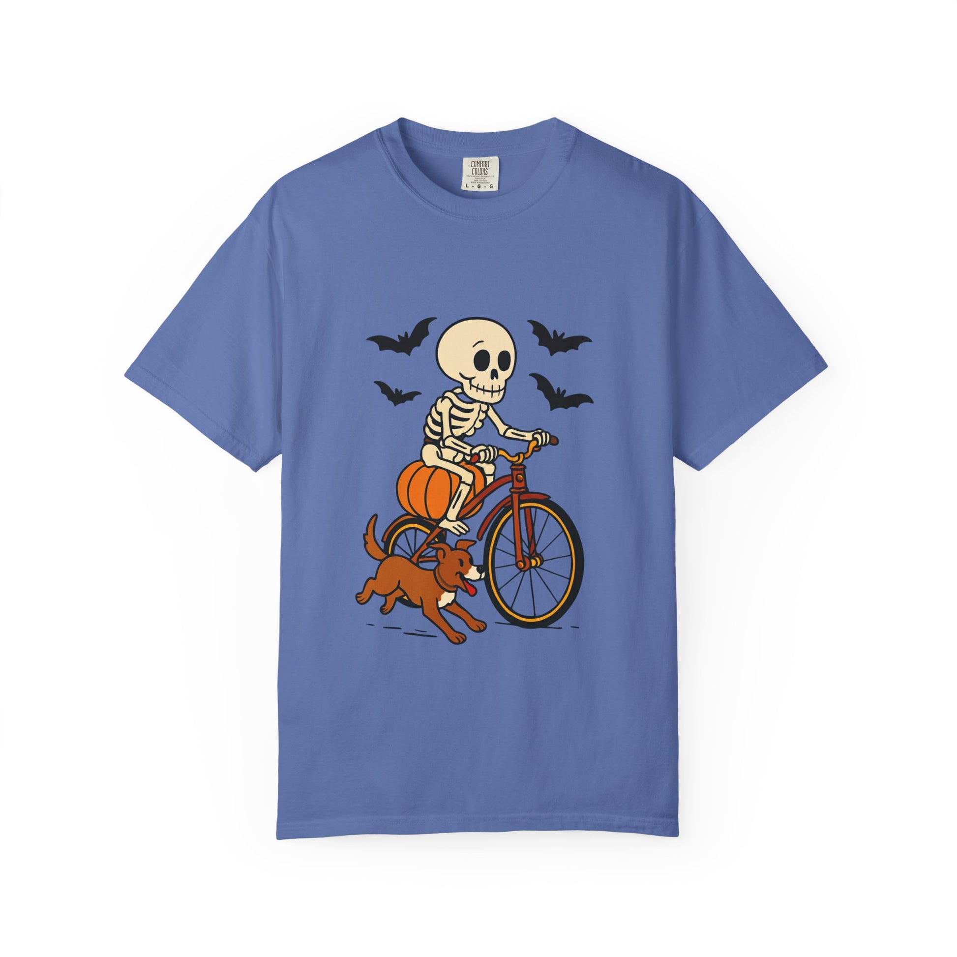 Skeleton Cycling T-shirt, Halloween Tee, Pumpkin Graphic Shirt, Unisex Fall Apparel, Cute Dog and Skeleton Design
