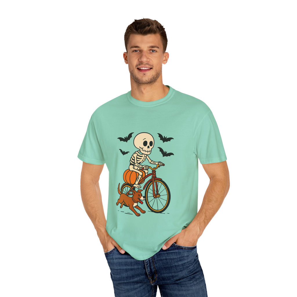 Skeleton Cycling T-shirt, Halloween Tee, Pumpkin Graphic Shirt, Unisex Fall Apparel, Cute Dog and Skeleton Design
