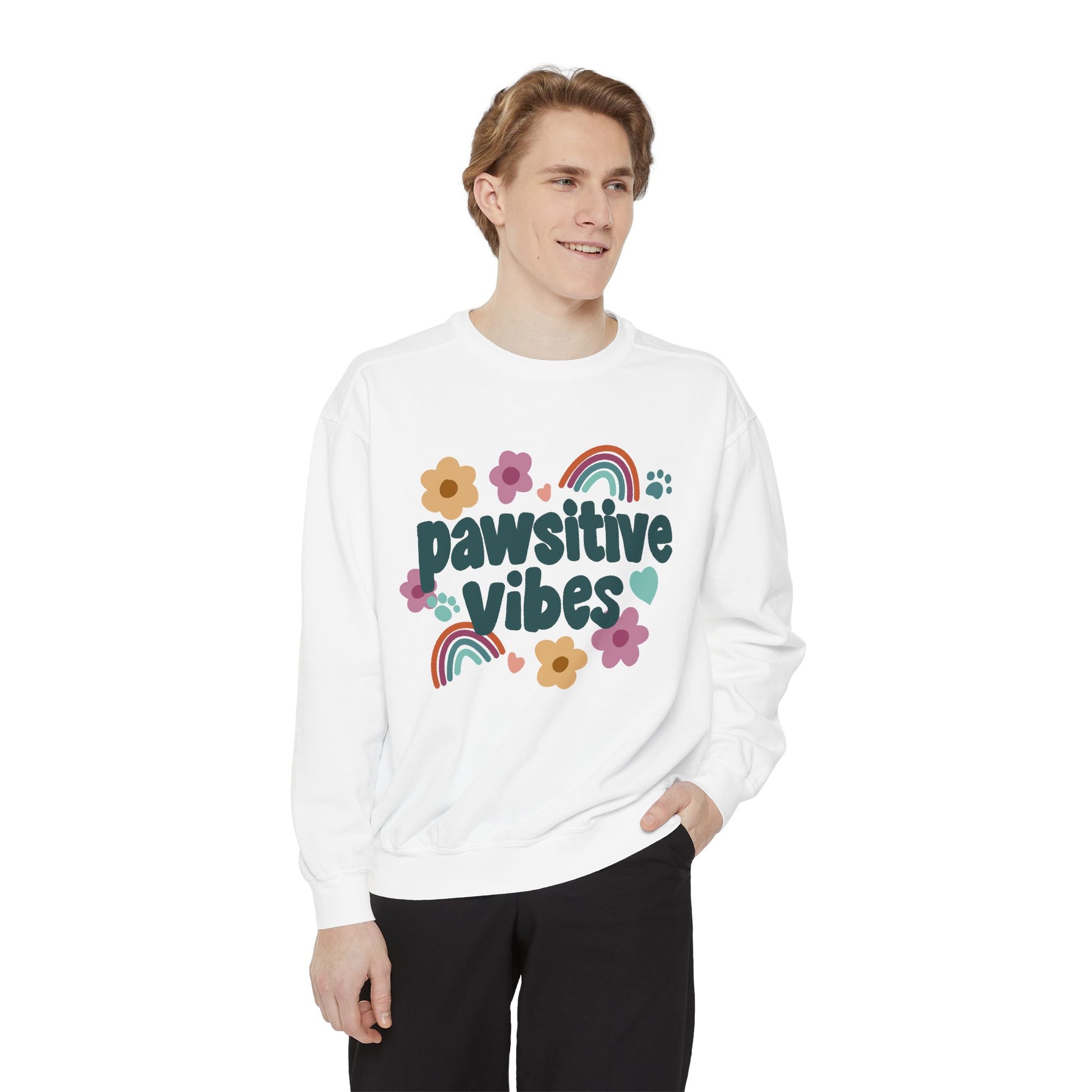 Pawsitive Vibes Sweatshirt, Cute Unisex Top, Cozy Gift for Pet Lovers, Spring Fashion, Rainbow Floral Sweatshirt