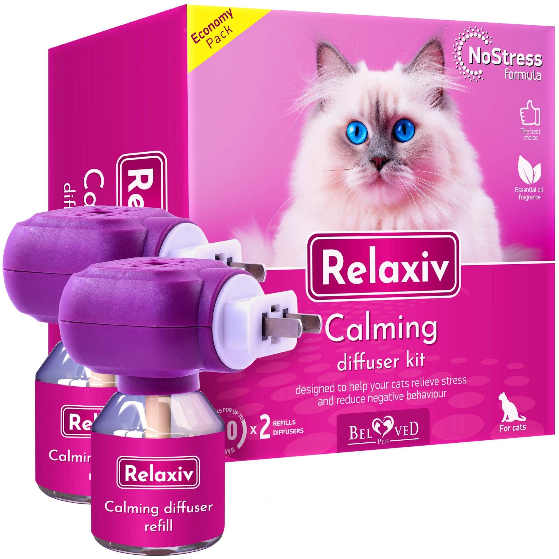Relaxiv Cat Calming Diffuser & Pet Anti Anxiety Products - Feline Calm Pheromones Plug in & Cats Stress Relief Comfort Helps with Pee, New Zone, Aggression (2 Diffusers + 2 Refills)